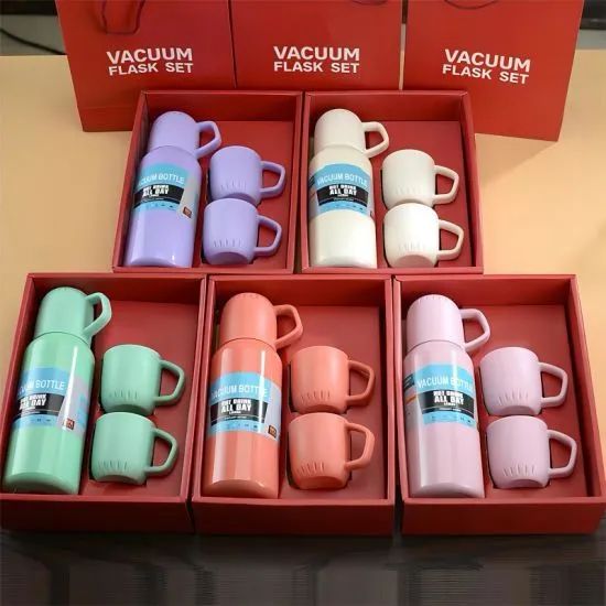 Red Box Vacuum Flask Bottle with 3 Cups
